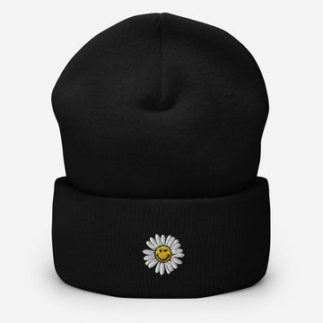 Cute Smiley Face Daisy Embroidered Unisex Cuffed Beanie - BUCKET POPCORN